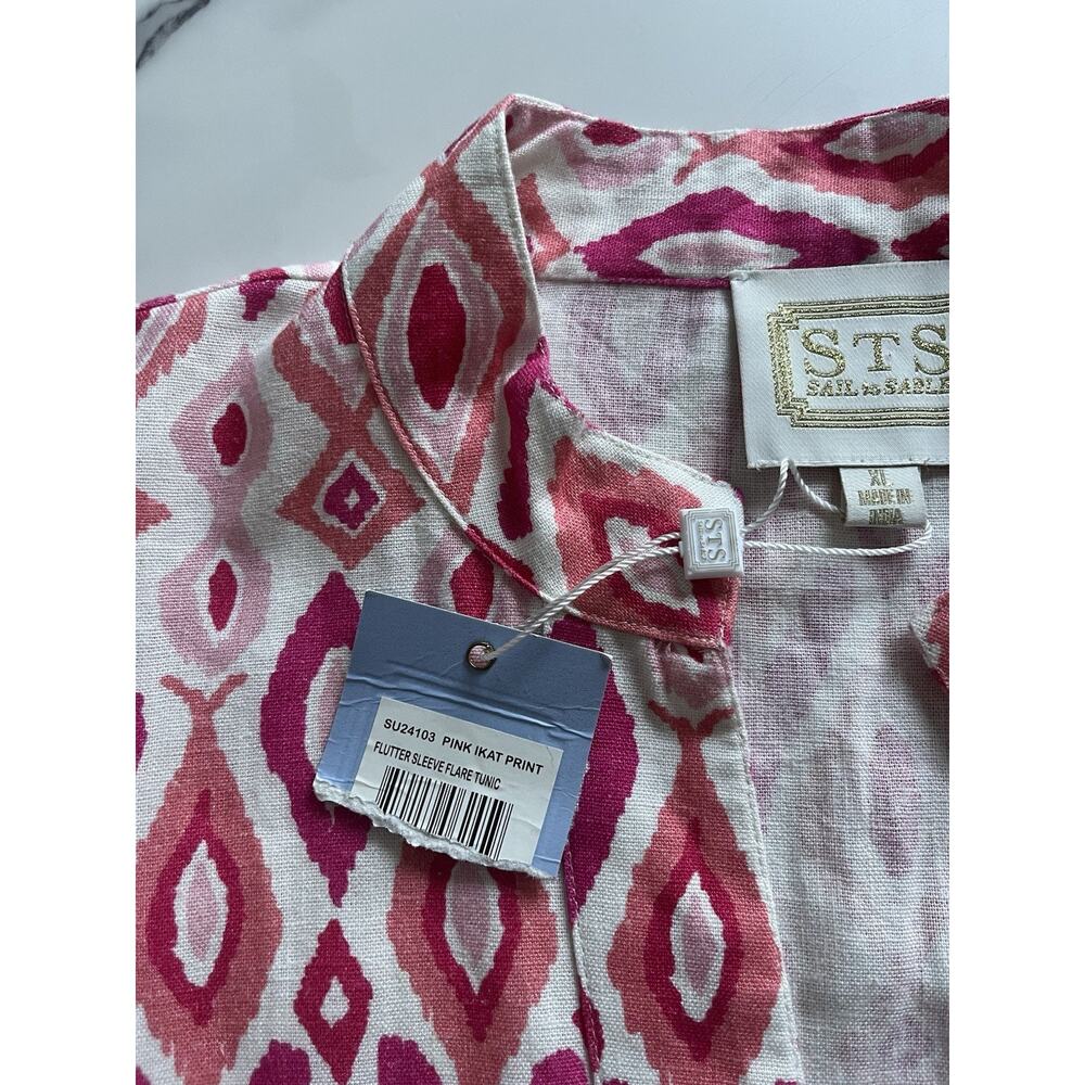 Sail to sable Linen blend tiered mini dress pink XL flutter sleeve Coastal chic - Picture 9 of 11
